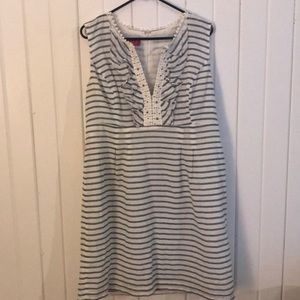 Sleeveless white and blue striped dress